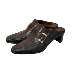Brighton Triad Two-Tone Black & Chocolate Brown Croc Pebbled Leather Mules 7.5M